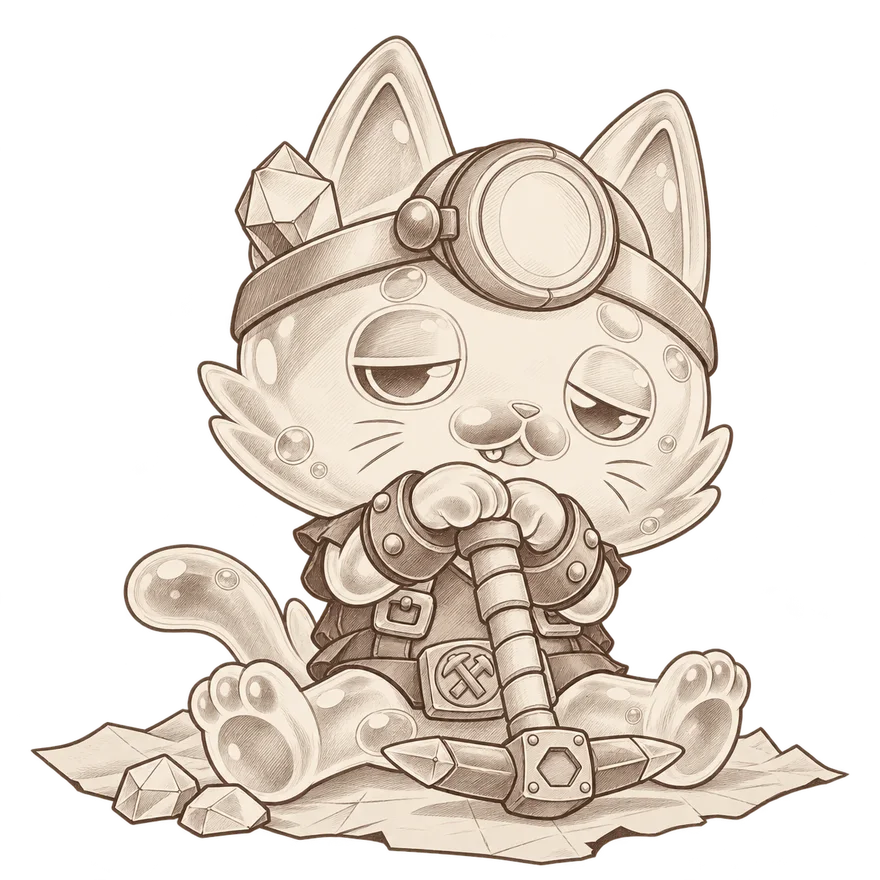 A graphite illustration of a Bubble Miner Maneki with a helmet and pickaxe